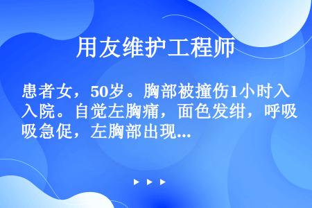 患者女，50岁。胸部被撞伤1小时入院。自觉左胸痛，面色发绀，呼吸急促，左胸部出现反常呼吸运动，最重要...