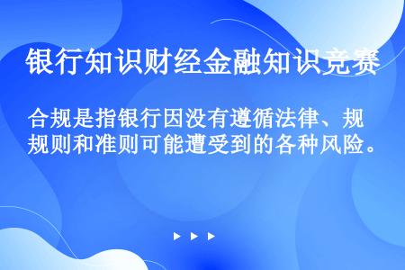 合规是指银行因没有遵循法律、规则和准则可能遭受到的各种风险。