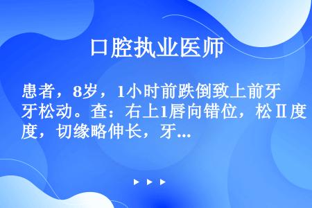 患者，8岁，1小时前跌倒致上前牙松动。查：右上1唇向错位，松Ⅱ度，切缘略伸长，牙龈轻度红肿，X线片示...