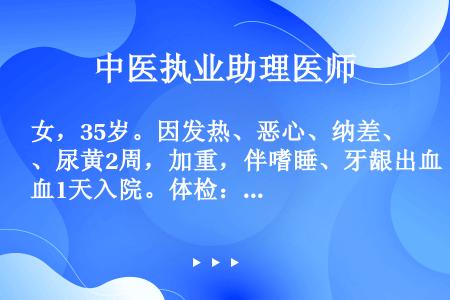 女，35岁。因发热、恶心、纳差、尿黄2周，加重，伴嗜睡、牙龈出血1天入院。体检：皮肤、巩膜重度黄染，...