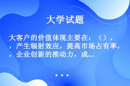 大客户的价值体现主要在：（），产生辐射效应，提高市场占有率，企业创新的推动力，成为公司的重要资产，实...