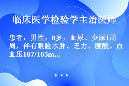 患者，男性，8岁，血尿、少尿1周，伴有眼睑水肿、乏力、腰酸。血压187/105mmHg。既往无肾脏疾...