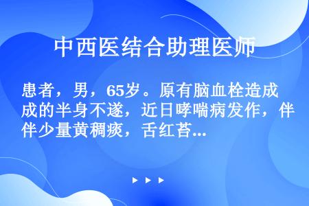 患者，男，65岁。原有脑血栓造成的半身不遂，近日哮喘病发作，伴少量黄稠痰，舌红苔黄，脉弦滑。治宜选用...