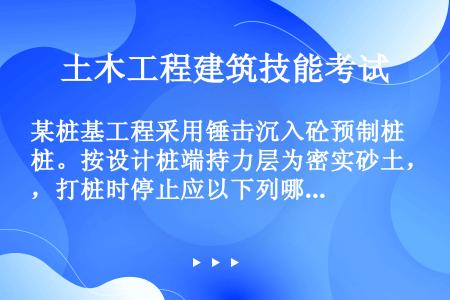 某桩基工程采用锤击沉入砼预制桩。按设计桩端持力层为密实砂土，打桩时停止应以下列哪个选项作为控制？（）