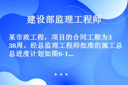 某市政工程，项目的合同工期为38周。经总监理工程师批准的施工总进度计划如图6-1所示（时间单位：周）...