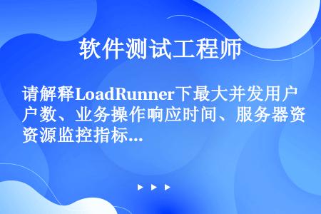 请解释LoadRunner下最大并发用户数、业务操作响应时间、服务器资源监控指标的含义与用途。