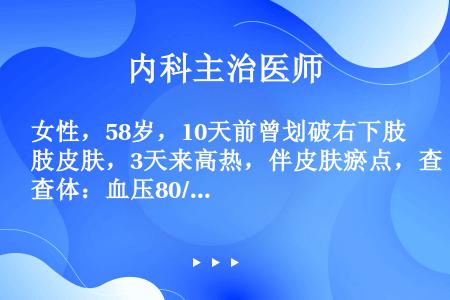 女性，58岁，10天前曾划破右下肢皮肤，3天来高热，伴皮肤瘀点，查体：血压80/50mmHg，诊断为...