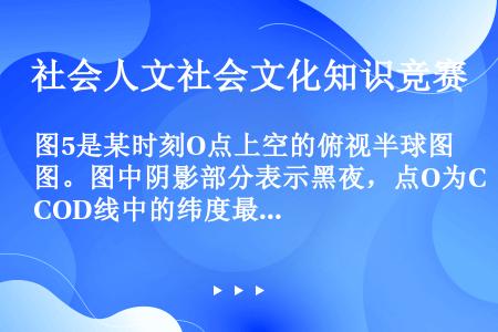 图5是某时刻O点上空的俯视半球图。图中阴影部分表示黑夜，点O为COD线中的纬度最高点。读图完成下题：...