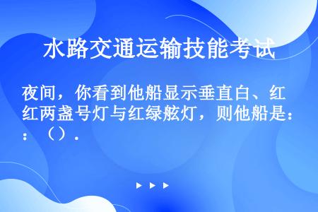 夜间，你看到他船显示垂直白、红两盏号灯与红绿舷灯，则他船是：（）.