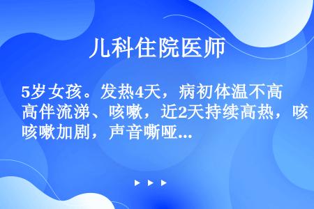 5岁女孩。发热4天，病初体温不高伴流涕、咳嗽，近2天持续高热，咳嗽加剧，声音嘶哑，眼结膜充血，耳后、...