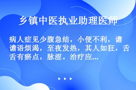 病人症见少腹急结，小便不利，谵语烦渴，至夜发热，其人如狂，舌有瘀点，脉涩。治疗应首选（）