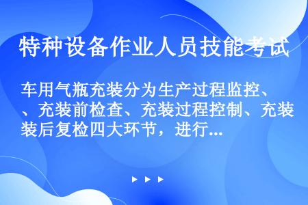 车用气瓶充装分为生产过程监控、充装前检查、充装过程控制、充装后复检四大环节，进行全面的具体控制安全。