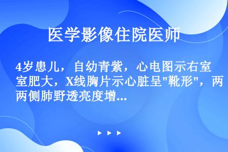 4岁患儿，自幼青紫，心电图示右室肥大，X线胸片示心脏呈靴形，两侧肺野透亮度增加，可见网状血管影。最可...