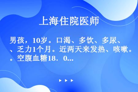 男孩，10岁。口渴、多饮、多尿、乏力1个月。近两天来发热、咳嗽。空腹血糖18．0mmol／L，血酮体...