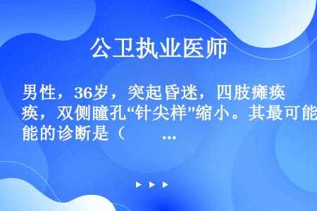 男性，36岁，突起昏迷，四肢瘫痪，双侧瞳孔“针尖样”缩小。其最可能的诊断是（　　）。