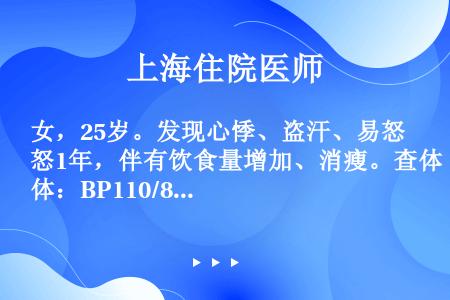 女，25岁。发现心悸、盗汗、易怒1年，伴有饮食量增加、消瘦。查体：BP110/80mmHg，重度突眼...