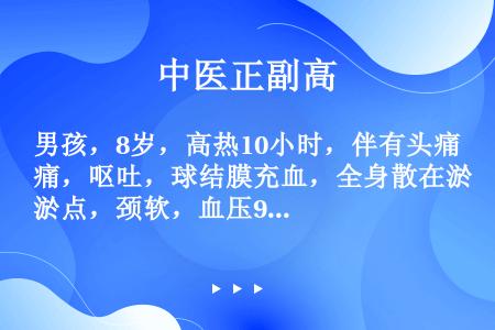 男孩，8岁，高热10小时，伴有头痛，呕吐，球结膜充血，全身散在淤点，颈软，血压9.3／5.3kPa，...