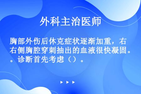 胸部外伤后休克症状逐渐加重，右侧胸腔穿刺抽出的血液很快凝固。诊断首先考虑（）。