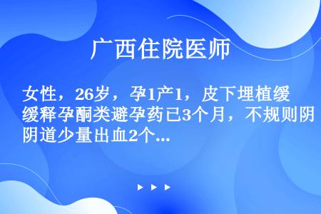 女性，26岁，孕1产1，皮下埋植缓释孕酮类避孕药已3个月，不规则阴道少量出血2个月，用一般止血药及抗...