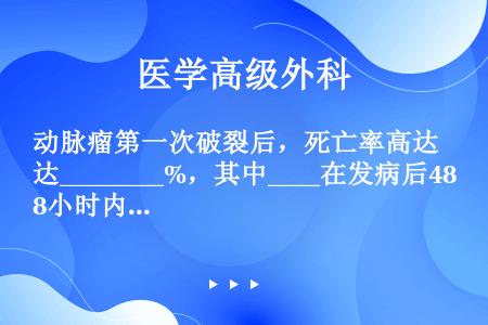 动脉瘤第一次破裂后，死亡率高达________%，其中____在发病后48小时内死亡，存活的病例，_...