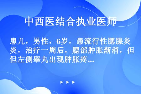 患儿，男性，6岁，患流行性腮腺炎，治疗一周后，腮部肿胀渐消，但左侧睾丸出现肿胀疼痛，伴发热、呕吐，舌...