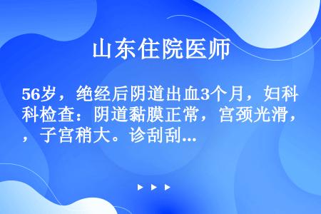 56岁，绝经后阴道出血3个月，妇科检查：阴道黏膜正常，宫颈光滑，子宫稍大。诊刮刮出内膜为烂肉样，最可...