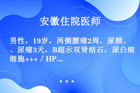 男性，19岁，两侧腰痛2周，尿频、尿痛3天，B超示双肾结石，尿白细胞+++／HP，红细胞+／HP，已...