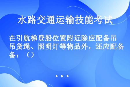 在引航梯登船位置附近除应配备吊货绳、照明灯等物品外，还应配备：（）