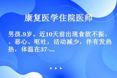 男孩.9岁。近10天前出现食欲不振、恶心、呕吐，活动减少，伴有发热，体温在37-38.5C之间。近2...