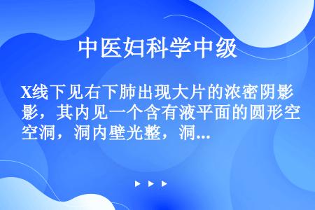 X线下见右下肺出现大片的浓密阴影，其内见一个含有液平面的圆形空洞，洞内壁光整，洞壁较厚。应首先考虑的...