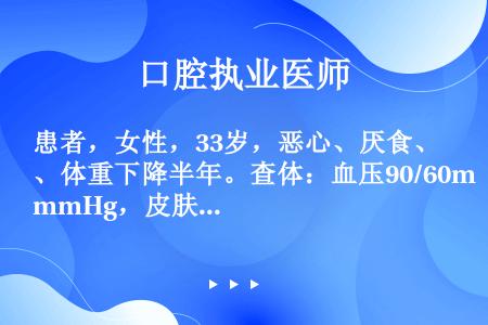 患者，女性，33岁，恶心、厌食、体重下降半年。查体：血压90/60mmHg，皮肤色黑，口腔黏膜可见蓝...