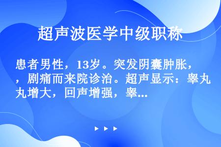 患者男性，13岁。突发阴囊肿胀，剧痛而来院诊治。超声显示：睾丸增大，回声增强，睾丸内血流信号消失。其...