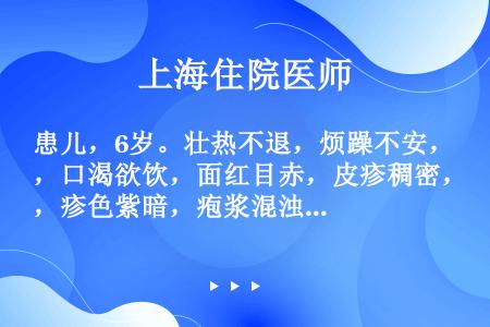 患儿，6岁。壮热不退，烦躁不安，口渴欲饮，面红目赤，皮疹稠密，疹色紫暗，疱浆混浊，可见出血性皮疹、紫...