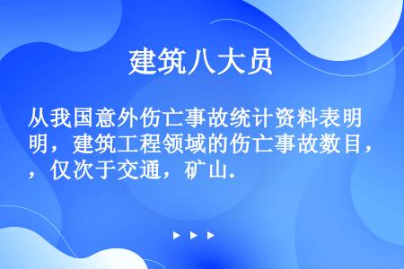 从我国意外伤亡事故统计资料表明，建筑工程领域的伤亡事故数目，仅次于交通，矿山.