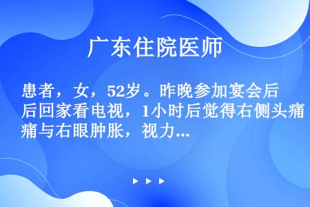 患者，女，52岁。昨晚参加宴会后回家看电视，1小时后觉得右侧头痛与右眼肿胀，视力下降，深夜头痛加剧且...