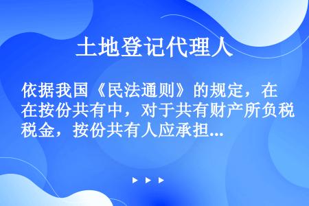 依据我国《民法通则》的规定，在按份共有中，对于共有财产所负税金，按份共有人应承担（）责任。