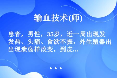 患者，男性，35岁，近一周出现发热、头痛、食欲不振，外生殖器出现溃疡样改变，到皮肤科就诊，实验室检查...