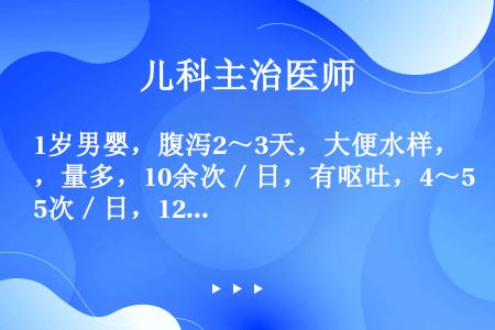 1岁男婴，腹泻2～3天，大便水样，量多，10余次／日，有呕吐，4～5次／日，12小时无尿。体检：重病...