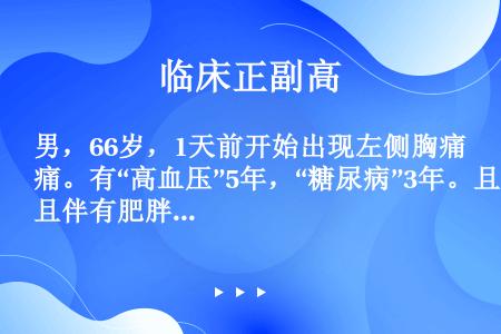 男，66岁，1天前开始出现左侧胸痛。有“高血压”5年，“糖尿病”3年。且伴有肥胖。该患者最佳主诉选择...