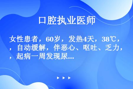 女性患者，60岁，发热4天，38℃，自动缓解，伴恶心、呕吐、乏力，起病一周发现尿色加深，如豆油样，粪...