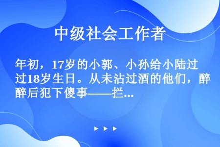 年初，17岁的小郭、小孙给小陆过18岁生日。从未沾过酒的他们，醉后犯下傻事——拦路抢劫。他们的青春本...