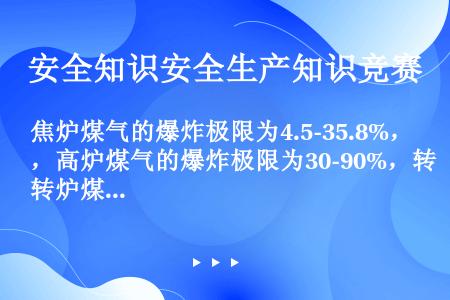 焦炉煤气的爆炸极限为4.5-35.8%，高炉煤气的爆炸极限为30-90%，转炉煤气的爆炸极限为12....