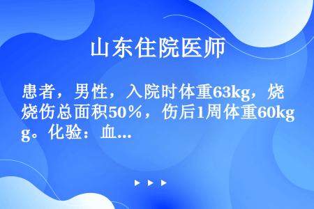 患者，男性，入院时体重63kg，烧伤总面积50％，伤后1周体重60kg。化验：血糖升高、高血脂、尿素...