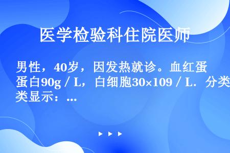 男性，40岁，因发热就诊。血红蛋白90g／L，白细胞30×109／L．分类显示：中性中幼粒细胞10％...