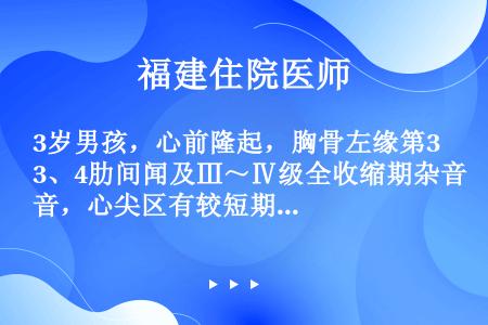 3岁男孩，心前隆起，胸骨左缘第3、4肋间闻及Ⅲ～Ⅳ级全收缩期杂音，心尖区有较短期舒张隆起样杂音，肺动...