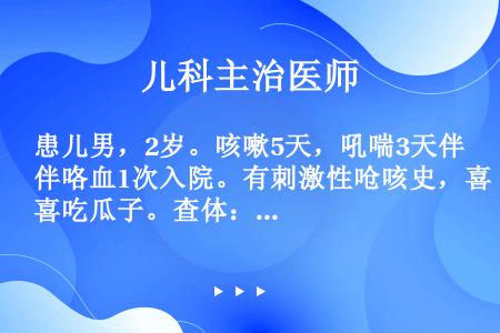 患儿男，2岁。咳嗽5天，吼喘3天伴咯血1次入院。有刺激性呛咳史，喜吃瓜子。查体：双肺呼吸音不对称，闻...