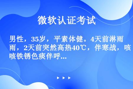 男性，35岁，平素体健。4天前淋雨，2天前突然高热40℃，伴寒战，咳铁锈色痰伴呼吸困难，胸片示右下肺...