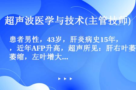 患者男性，43岁，肝炎病史15年，近年AFP升高，超声所见：肝右叶萎缩，左叶增大，肝表面不光滑，肝实...