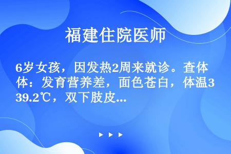 6岁女孩，因发热2周来就诊。查体：发育营养差，面色苍白，体温39.2℃，双下肢皮肤有散在小瘀点，胸骨...