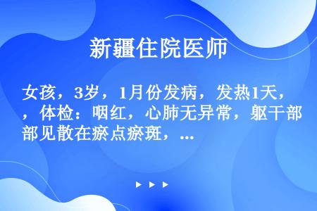 女孩，3岁，1月份发病，发热1天，体检：咽红，心肺无异常，躯干部见散在瘀点瘀斑，颈强直（-），克氏征...